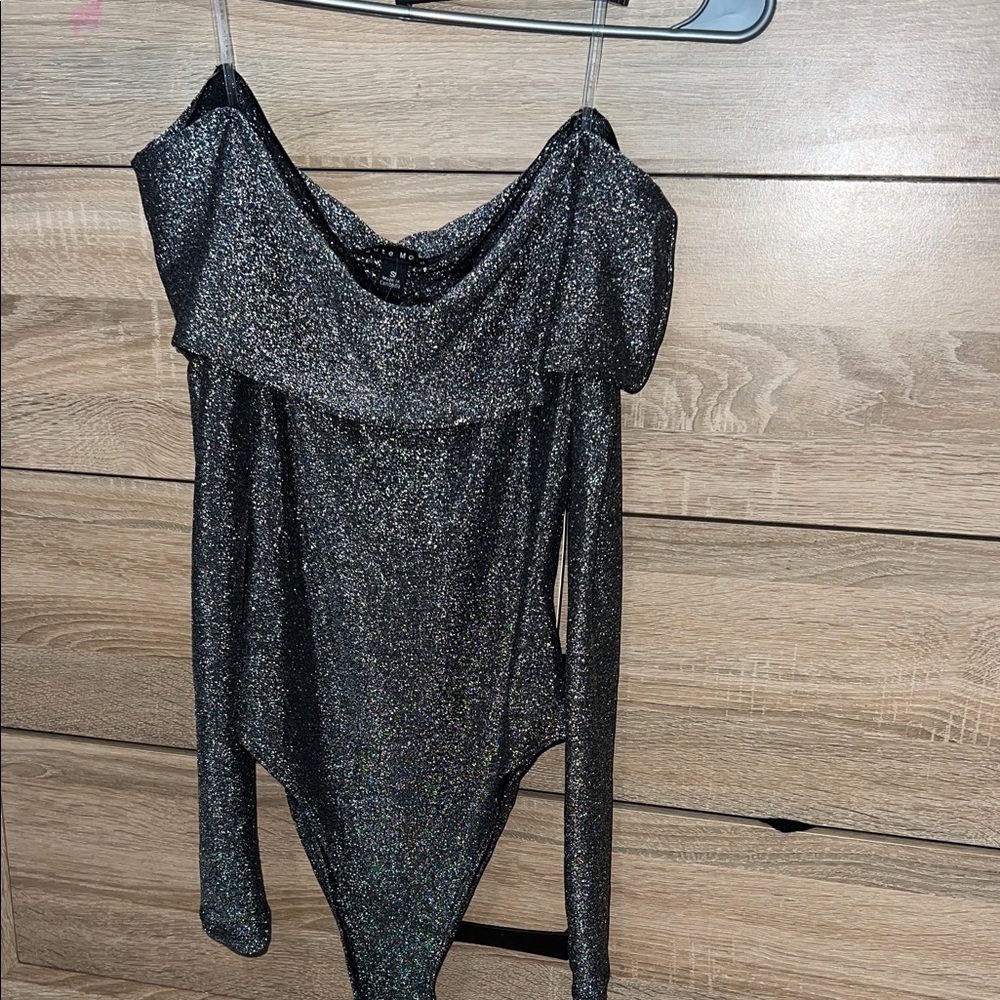 Haute Monde Sparkle Silver Black Off-Shoulder Bodysuit